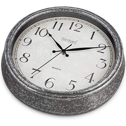 Bernhard Products Rustic Wall Clock 14 Inch Silent Non Ticking, Quartz Battery Operated Decorative Textured Rustic Farmhouse Gray Easy to Read, for Home Kitchen Office