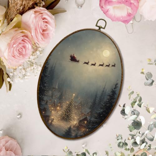 JQF Winter Christmas Tree Santa Reindeer Oval Wall Decor Framed 8.5x11.5 - color: christmas night-1