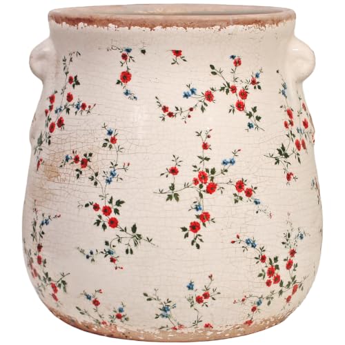 Shabby Chic Ceramic Vase & Flower Pot with Drainage, French Country Decor - color: Cottage Red/Green Floral