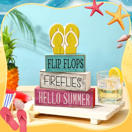 Yuntau 4 Pcs Summer Table Decorations Wood Block Sign Tiered Tray Decor - style: Flip Flops
