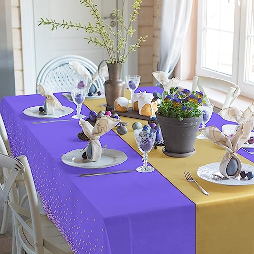 8Pack Disposable Plastic Tablecloths and Satin Table Runner Set Purple and Gold Dot Tablecloth Gold Satin Table Runner for Wedding Birthday Baby Shower Anniversary Christmas New Year Party Supplies - color: Purple and Gold, size: 8 Pack