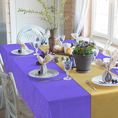 8Pack Disposable Plastic Tablecloths and Satin Table Runner Set Purple and Gold Dot Tablecloth Gold Satin Table Runner for Wedding Birthday Baby Shower Anniversary Christmas New Year Party Supplies - color: Purple and Gold, size: 8 Pack