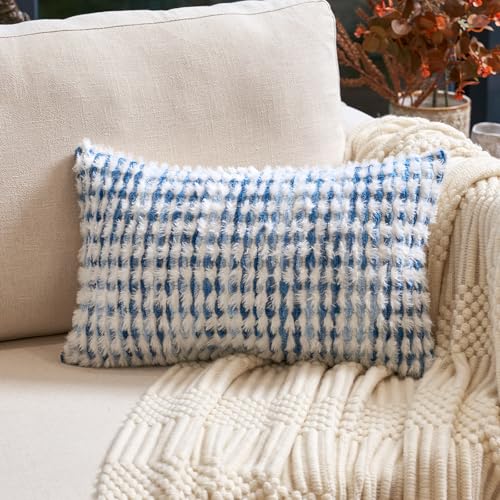 Aeckself Boho Chenille Tufted Pillow Cover 12x20 Inch, Rectangle Decorative Lumbar Throw Pillow Cover Neutral Pillowcase for Couch Bedroom Living Room, Blue White - color: Blue White, size: 20" x 12" (Pack of 1)