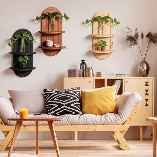 Pinkunn 3 Pcs Boho Floating Shelves for Wall, Wood Plant Shelf Set