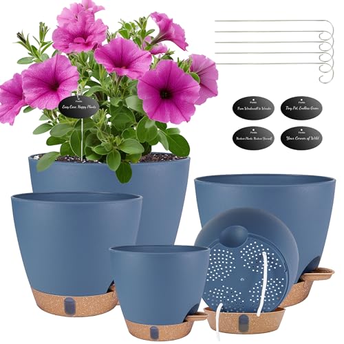 Self Watering Pots for Inoor Ourdoor Plants 8/7/6.5/6/5" Plastic Planters - color: Navy Blue, size: 8/7/6.5/6/5 Inch