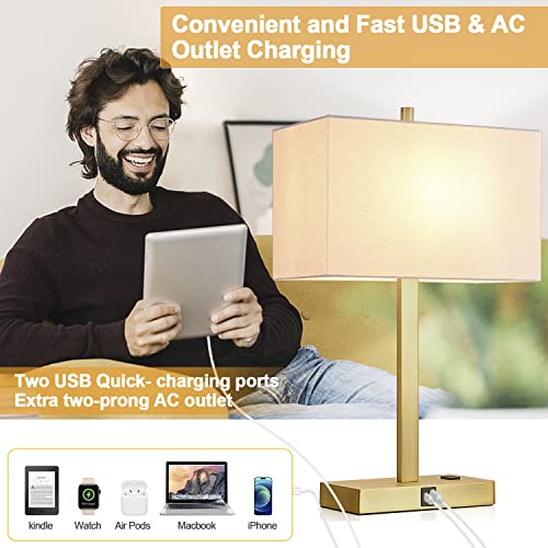 21" Touch Bedside lamps with 2 USB & AC Outlets, 3-Way Dimmable Bedside Table Lamps Set of 2 for Bedroom Living Room Office Reading, White Shade Lamps for Night Stands, 2700K LED Bulbs Included - color: White Cream Linen & Brushed Gold