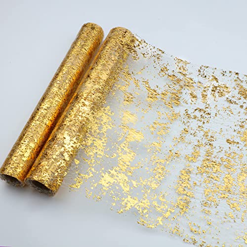 Snowkingdom 2 Pcs Gold Table Runner, Sequin Glitter Metallic Foil Thin Mesh Sparkly Runner Roll 11"x108", Gold Birthday Party Decorations, for Event Wedding Showers Christmas Thanksgiving Festive - color: Gold, size: 9FTx2