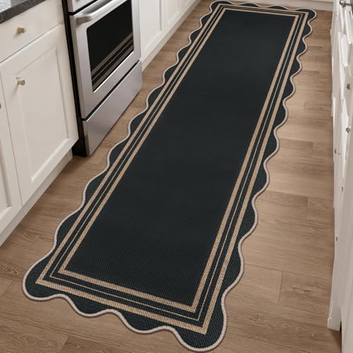 Scalloped 2.6x8 Kitchen Runner Rug, Washable Rugs for Entryway Non Slip Outdoor Indoor Black Long Rug, Farmhouse Modern Carpet for Hallway Bedroom - color: Black Geometric, size: 2.6'x8' (Runner)