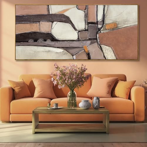ZENPEE Brown & Grey Abstract Canvas Wall Art 32x71, Neutral Off-White Geometric Design with Wooden Frame, Modern Oversized wall art for living room - color: Brown & Beige, size: 70"L x 32"W