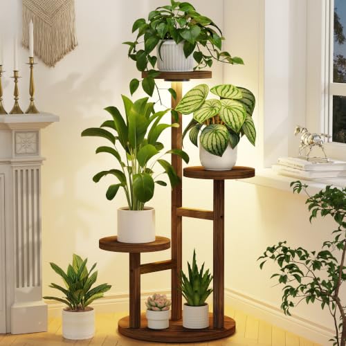 LASZOLA Wood Small Plant Stand Table Indoor Tall with Lights, 3 Tier Brown - color: Brown with Light, size: 3 Tier
