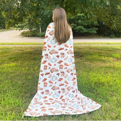 Fall Soft Fleece Throw Blanket, Pumpkin Spice Design, 50x70, Oversized - color: White Brown Tan