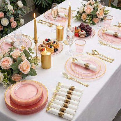 WELLIFE 210Pcs Clear-Pink Plastic Dinnerware- Pink and Gold Plastic Dinnerware include 30 Dinner Plates, 30 Dessert Plates, 90 Gold Silverware, 30 Cups and 30 Napkins Perfect for Parties - color: Clear Pink and Gold, style: 210PCS（30 Guests）