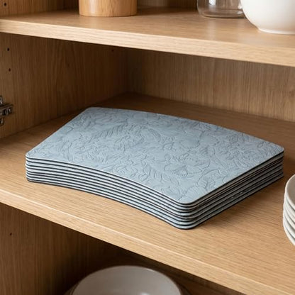 Faux Leather Set of 6, Placemats with Carving Floral Design - color: Light Blue