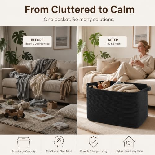 OIASKET 95L Extra Large Blanket Basket, 24" x 16.9" x 14.2" Woven Basket - color: Grey, size: 24"x16.9"x14.2"