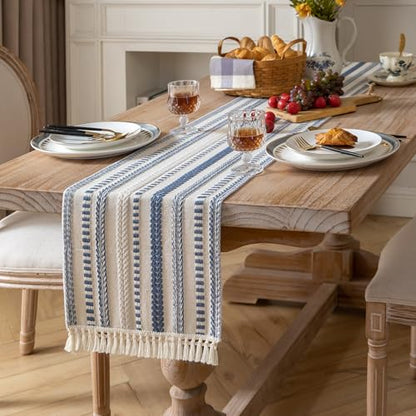 Caflife Blue and Beige Woven Rustic Boho Table Runner 90 Inchs Long - color: Blue, size: 13x90Inch