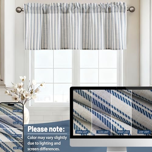 JIUZHEN 42x18 Inch Kitchen Valance - Thick Textured Linen Striped Window Valance Curtain with 3" Rod Pocket, Vertical Striped Blue (1 Panel) - color: Vertical Striped Blue, size: 42"W x 18"L (Pack of 1)