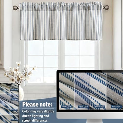 JIUZHEN 52x18 Inch Kitchen Valance - Thick Textured Linen Striped Window Valance Curtain with 3" Rod Pocket, Vertical Striped Blue (1 Panel) - color: Vertical Striped Blue, size: 52"W x 18"L (Pack of 1)