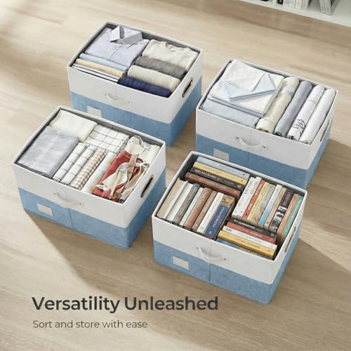 PRANDOM Storage Bins with Lids [3-Pack] Linen Fabric Foldable Storage Boxes Organizer Containers Baskets Cube with Cover for Bedroom Closet Office White&Blue (23.4X15.9X11.4)
