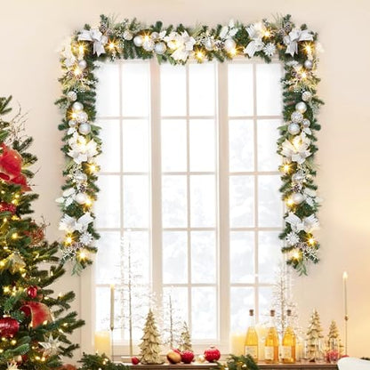 LinTimes 6 FT Pre-Lit Christmas Garland, Silver Lighted Xmas Garland with 20 LED Lights with Timer for Mantle Staircase Table, Winter Garland with Ribbon, Xmas Balls, Snowflake, Battery Operated