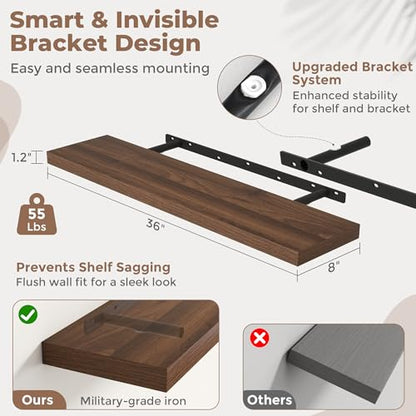 36 Inch Floating Shelves, 8"Deep Wall Shelf, 55 Lbs Capacity, Walnut, 2pcs - color: Walnut, size: 36"Wx8"Dx1.2"H