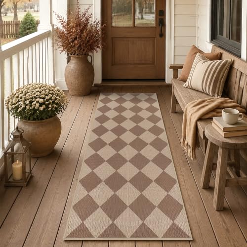 Easy Jute Kitchen Runner 2x6 Kitchen Runner Rug Washable Non Slip Outdoor Rug for Entryway Farmhouse Neutral Low Pile Carpet for Hallyway Proch Doorway - color: Brown/Checkered, size: 2'*6'(Runner)