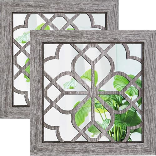 Boho Wall Mirror Decor, Set of 2 Rustic Farmhouse Accent Mirrors 12x12 Inch, Square Acrylic Shatterproof Vintage Style Mirror for Wall, Small Decorative Mirrors for Living Room, Bedroom, Brown - color: Brown（2pcs）, size: 12"L x 12"W