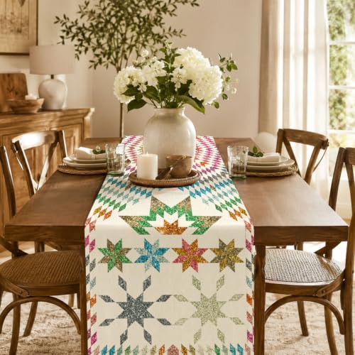 Boho Mandala Table Runner, Retro Colorful Geometric Star Linen Runner 72" - color: Multi Color