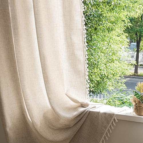 Sutuo Home Boho Curtains 63 Inches Long, Bohemian Linen Style Textured Curtains with Tassels for Living Room, Semi Blackout Farmhouse Drapes, Rod Pocket Window Treatments 2 Panels, 52" x 63", Natural - color: Natural Linen, size: 52"W x 63"L (Pack of 2)