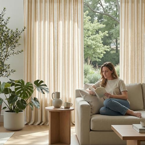 jinchan Light Filtering Striped Linen Curtains 96 Inches Long 2 Panels - color: Yellow, size: 50"W x 96"L (Pack of 2)
