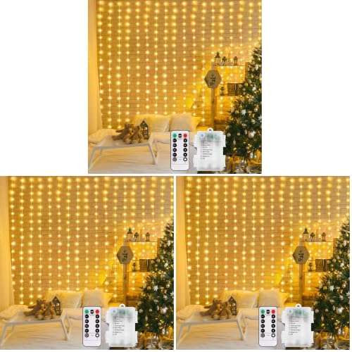 echosari Curtain Lights Battery Operated 200 LED Curtain Fairy Lights 6.6×6.6ft with Remote Timer Outdoor Wall Light Fully Waterproof for Wedding Backdrops Bedroom Decor (Warm White) (Pack of 3) - color: Warm White, size: 6.6Ft x 6.6Ft (Pack of 3)