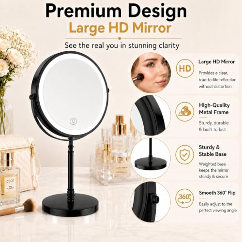 DEIOVWXS Makeup Mirror, Rechargeable Vanity Mirror with 3 Lights, 1X/10X - color: Black