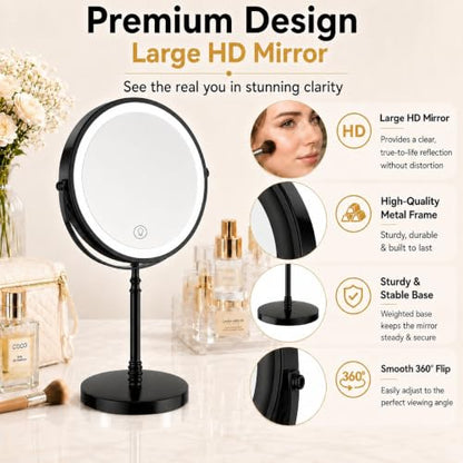 DEIOVWXS Makeup Mirror, Rechargeable Vanity Mirror with 3 Lights, 1X/10X - color: Black