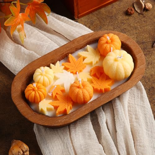 Siifert Wooden Dough Bowl Candle Pumpkin Candle 3 Wicks Fall Scented with 100% Soy Wax, Holiday Decorations, Autumn Room Decor - style: Pumpkin