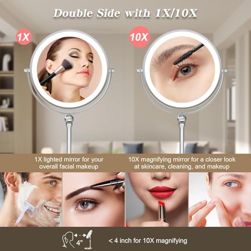 Rocollos Tabletop Makeup Mirror with Built-in Vanity Tray, 9" Rechargeable 4000mAh Lighted Vanity Mirror 1X/10X Magnification, Height-Adjustable Arm, 3 Color Dimmable (9Inch Chrome) - color: 9inch Chrome