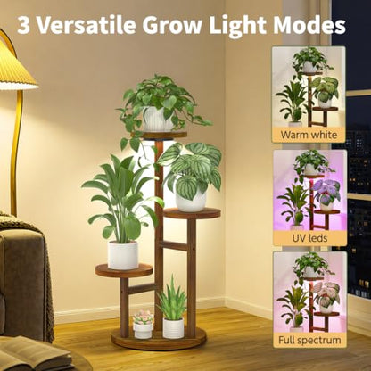 LASZOLA Wood Small Plant Stand Table Indoor Tall with Lights, 3 Tier Brown - color: Brown with Light, size: 3 Tier