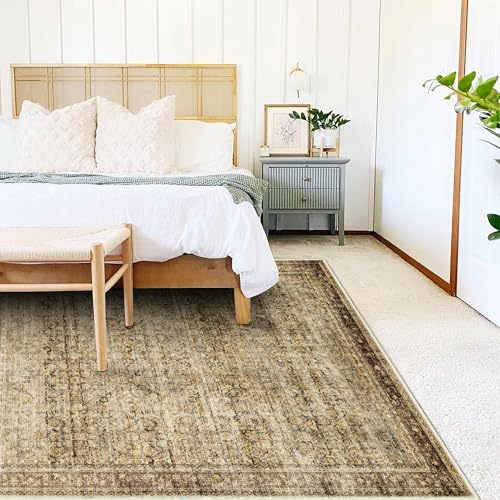 CHAMPLANT 5x7 Washable Area Rug Vintage Brown Traditional Floor Cover Foldable Thin Rug Kitchen Accent Rug Indoor Distressed Non Slip Carpet Floral Print Mat Bedroom Living Room Bathroom - color: Green and Brown, size: 5' x 7' (Rectangular)