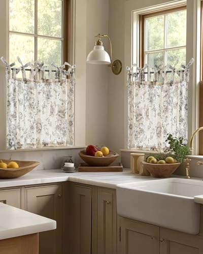 jinchan Black Floral Kitchen Tier Curtains Alice 24 Inches Tie Top 2 Panles - color: Alice Black on Linen, size: 26"W x 24"L (Pack of 2)