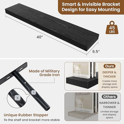 Floating Shelves for Wall, Wall Mounted Wood Shelves, Black, Set of 2, 40in - color: Black, size: 40"W x 6.5"D , 2 Pack