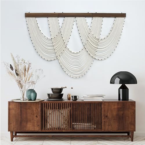 LB Large Macrame Wall Hanging, Beige Boho Tapestry Wall Hanging Macrame Wall Art Handmade Yarn Woven Wall Art Modern Home Decor Headboard Wall Decor for Bedroom Living Room Dorm Nursery, 47x30 Inch - color: Beige Black