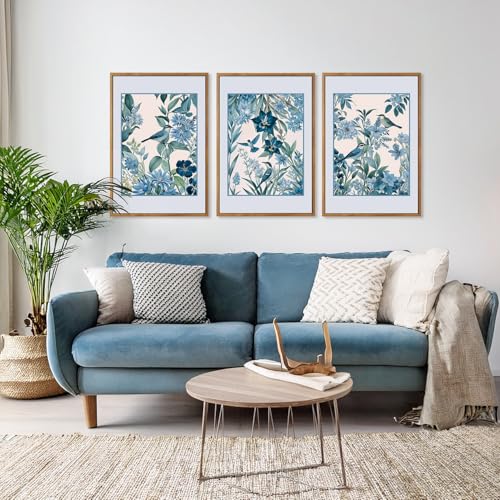 Aurlan 3 Pcs Blue Birds Flowers Framed Canvas Wall Art 16x24 Inch - color: Blue Birds on Botanical, size: 16"L x 24"W