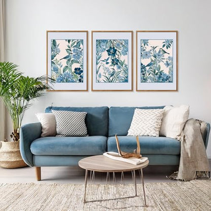 Aurlan 3 Pcs Blue Birds Flowers Framed Canvas Wall Art 16x24 Inch - color: Blue Birds on Botanical, size: 16"L x 24"W