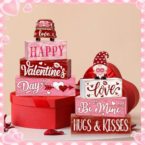 Britimes Tray Block Signs Set, 8Pack, Wooden, Home Kitchen, Valentines Day - style: Pink Gnome Valentine's Day