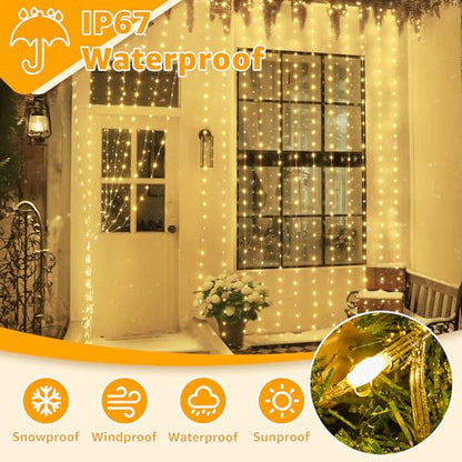 Ollny Curtain Lights 300LED 9.8ftx9.8ft, Connectable IP67 (Warm White) - color: Warm White, size: 9.8 ft