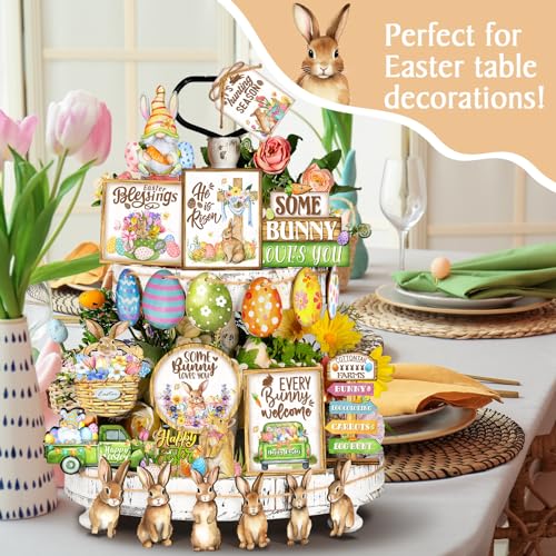 Amyhill 24 Pcs Easter Tiered Tray Decor Bunny Easter Spring Decorations Farmhouse Wooden Signs Gnome Egg Flower Tiered Tray Decor for Home Kitchen Coffee Bar Table Shelf - style: Delicate Easter