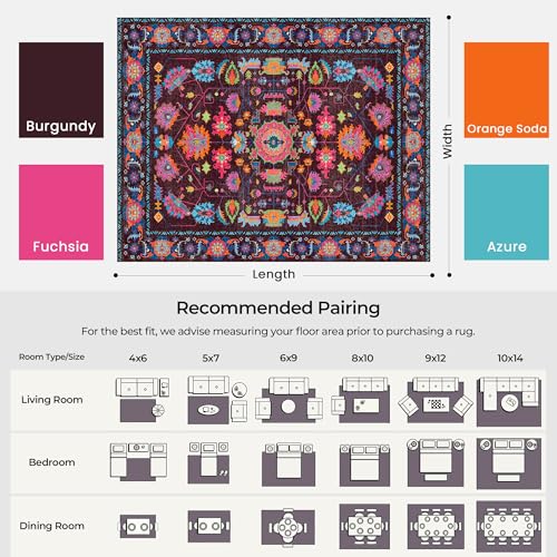 8x10 Vintage Botanical Burgundy Rose Living Room Area Rug Oriental Washable - color: Burgundy/Rose Fuchsia/Orange Soda/Azure, size: 8' x 10' (Rectangular)