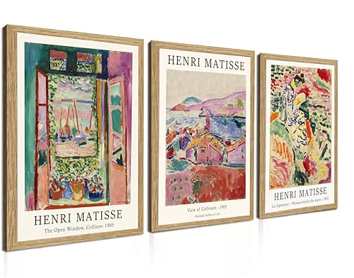 Induslyfe Framed Retro Vintage Wall Art Canvas Decor Set of 3, Matisse Prints Poster Mid Century Modern Art, Sage Green Aesthetic Floral Botanical for Living Room Bathroom Bedroom 12x16 - color: Framed Retro, size: 12"x16"