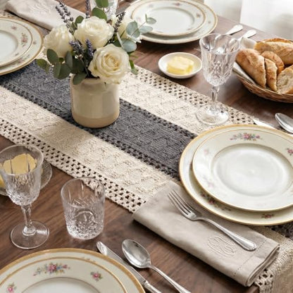 Boho Macrame Table Runner with Tassels 48in Grey Farmhouse Runner - color: White & Grey, size: 12'' x 48''