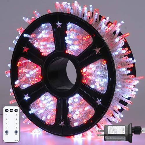 JMEXSUSS163ft 500 LED Red and White Christmas Lights Plug in with 8 Modes - color: Red White, size: 500 LED