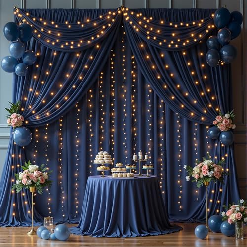 20 x 10ft Navy Blue Backdrop Curtains with Lights String - color: Navy Blue, size: W5' x H10'(4 panels)