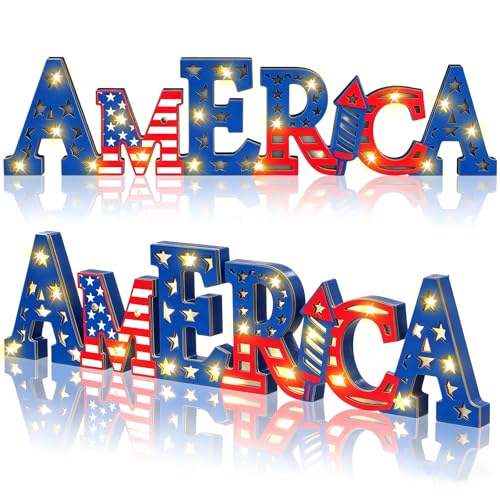 Geetery America LED Wooden Sign Rustic Wooden Words Sign for Table Home - style: America